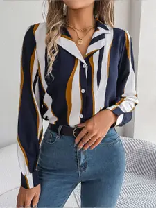 StyleCast x Revolte Women Cuban Collar Vertical Striped Casual Shirt