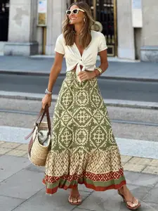 StyleCast Green Ethnic Printed Flared Maxi Skirt