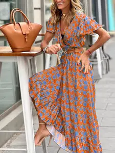 StyleCast Floral Printed Flutter Sleeve Maxi Dress Comes with a belt