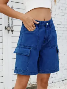 StyleCast Women Blue Solid Cargo Denim Shorts