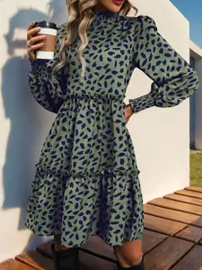 StyleCast Floral Printed Tie-Up Neck Puff Sleeve A-Line Dress