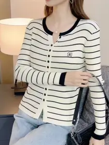 StyleCast Women Striped Round Neck Long Sleeves Front-Open Sweater