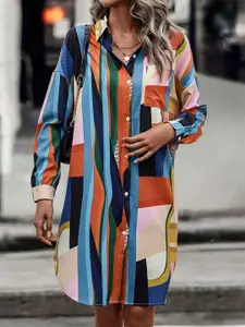 StyleCast Blue Geometric Printed Cuffed Sleeves Shirt Dress
