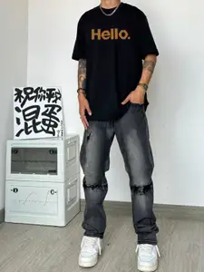 StyleCast x Revolte Men Typography Printed Raw Edge T-shirt