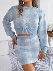 StyleCast Blue Checked Round Neck Sweater & Skirt