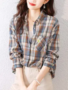 StyleCast Women Relaxed Fit Spread Collar Tartan Checked Cotton Casual Shirt