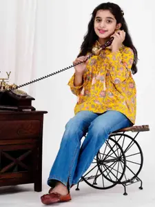 DMP FASHION Floral Print Tie-Up Neck Cotton Top