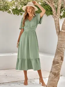 StyleCast Green V-Neck A-Line Midi Dress