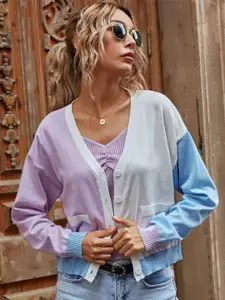 StyleCast Women Colourblocked Crop Cardigan Sweater