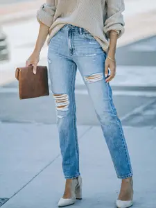 StyleCast Women Slim Fit High-Rise Mildly Distressed Light Fade Jeans