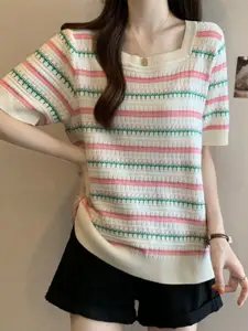 StyleCast Women Horizontal Striped Square Neck Top