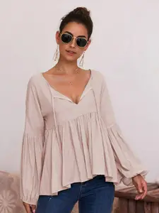 StyleCast Tie Up Neck Puff Sleeves Peplum Top