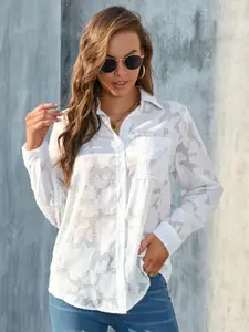StyleCast White Floral Self Design Cuffed Sleeves Chiffon Shirt Style Top