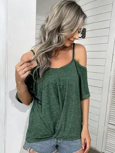 StyleCast Women Solid V-Neck Cold-Shoulder Top