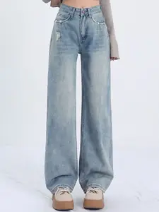 StyleCast Women Wide Leg High-Rise Low Distress Light Fade Jeans