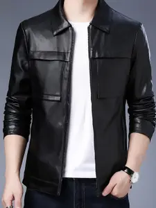 StyleCast x Revolte Men Spread Collar Solid PU Casual Windcheater Jacket