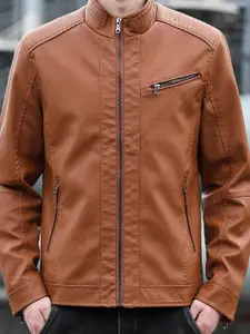 StyleCast x Revolte Men Mock Collar Solid Casual Leather Jacket