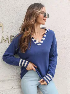 StyleCast Women Blue & Off White Striped Pullover