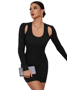StyleCast Black Round Neck Long Sleeves Bodycon Mini Dress