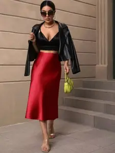 StyleCast Red Midi Solid Satin Skirt
