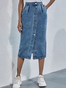 StyleCast Women Blue Self Design Straight Denim Skirts