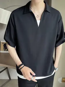 StyleCast Men Polo Collar Roll-Up Sleeves Applique T-shirt