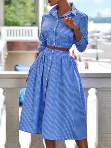 StyleCast Blue Striped Shirt With Skirt Co-Ords Set