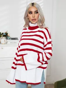 StyleCast Red & White Striped Turtle Neck Pullover