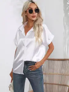 StyleCast Women Solid Satin Short Sleeves Opaque Casual Shirt