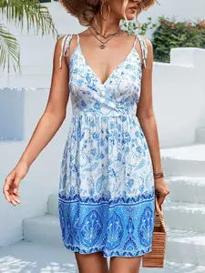 StyleCast x Revolte Blue & White Shoulder Straps Floral Print Fit & Flare Dress