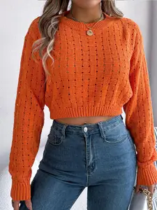 StyleCast x Revolte Women Self Design Cable Knit Crop Pullover