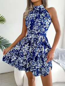 all about you Floral Printed High Neck Fit & Flare Above Knee Dress