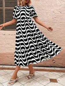 StyleCast x Revolte White & Black Abstract Printed Puff Sleeves Tiered A-Line Midi Dress
