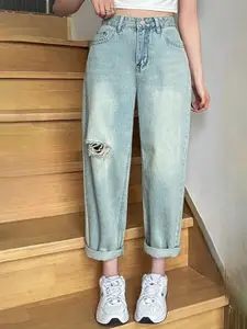 StyleCast Women High-Rise Slash Knee Light Fade Denim Jeans