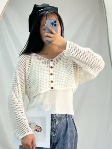 StyleCast Women V-Neck Long Sleeves Front-Open Crop Sweater