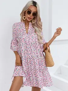StyleCast Pink Floral Print Flared Sleeve Tiered  A-Line Dress