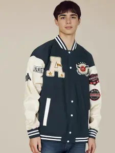 StyleCast x Revolte Men Stand Collar Graphic Printed Casual Varsity Jacket