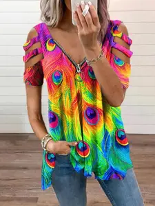 StyleCast Women Abstract Printed Cold-Shoulder Top