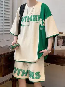 StyleCast Beige Colourblocked Typography Printed Casual T-Shirt With Shorts