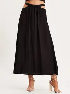 StyleCast x Revolte Black Solid Flared Maxi Skirt with Elasticated Waistband