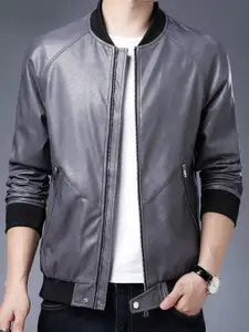 StyleCast x Revolte Men Stand Collar Solid Casual Leather Jacket