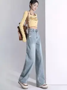 StyleCast Women Straight Fit High-Rise Low Distress Light Fade Jeans