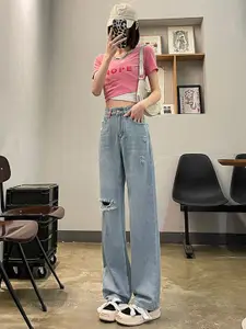 StyleCast Women Wide Leg High-Rise Mildly Distressed Light Fade Embroidered Jeans