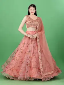 BAESD Girls Floral Printed Semi-Stitched Organza Lehenga & Unstitched Blouse With Dupatta