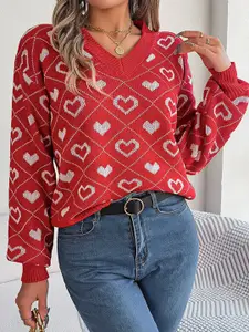 StyleCast Red & White Conversational Printed V-Neck Pullover Sweater