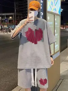 StyleCast Grey Printed Round Neck Short Sleeves Casual T-Shirt With Shorts