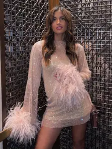 StyleCast Pink Glitter Mini Bodycon Dress with Fluffy Sleeves