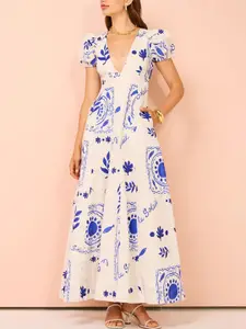 StyleCast x Revolte Printed Puff Sleeve Chiffon A-Line Maxi Dress