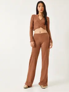 BIANCO LUCCI Ribbed V-Neck Crop Top & Trousers Co-Ords