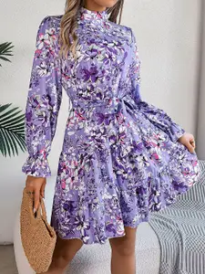 StyleCast x Revolte Floral Printed Mock Neck Puff Sleeve Georgette Fit & Flare Dress